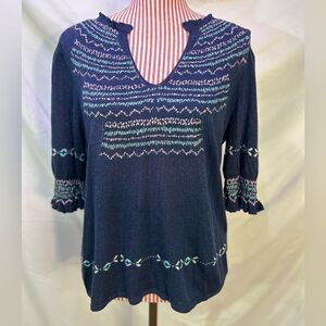 Nic+Zoe Boho Sweater Blue Embroidered Linen Blend Intarsia Stitches Sz Medium